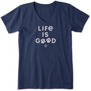 Life is Good. Blue animal paws v-neck cotton tshirt size large